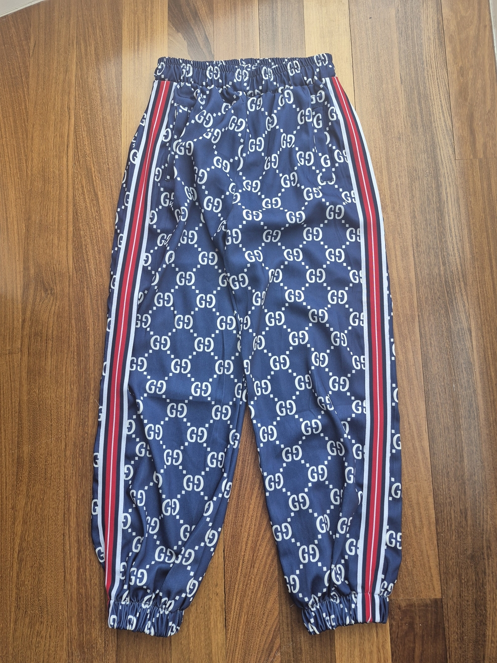 Navy Blue Track Pants with Red & White Side Stripes